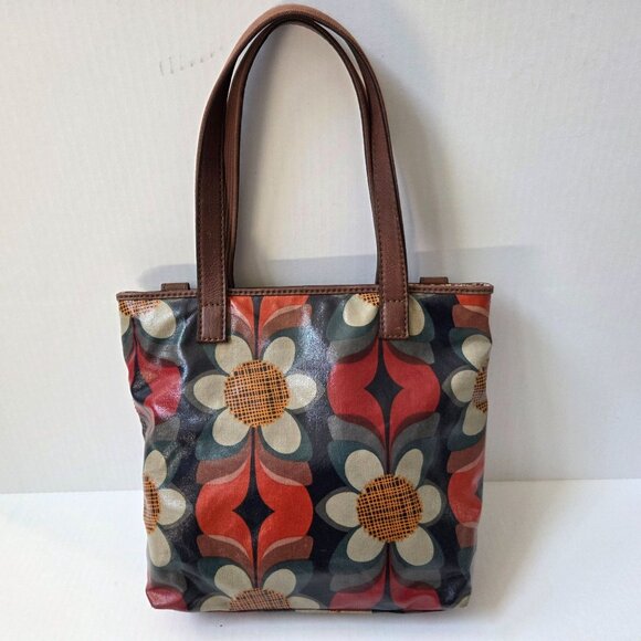 Fossil Tote Red Mod Floral Coated Canvas Keyper Bag Retro Boho Brown Leather - Picture 5 of 16
